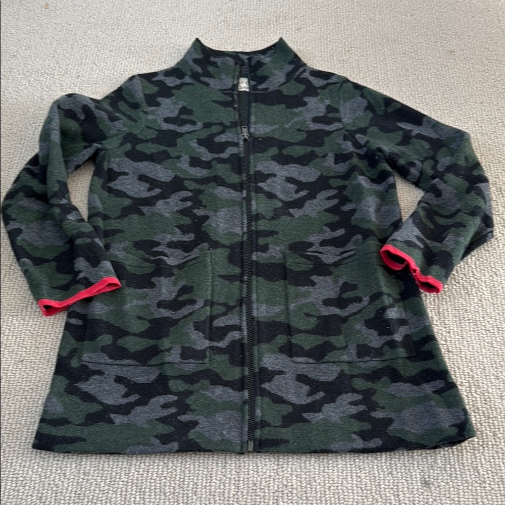 Anthro Camo Zip-Up Sweater Jacket with Pink Accents